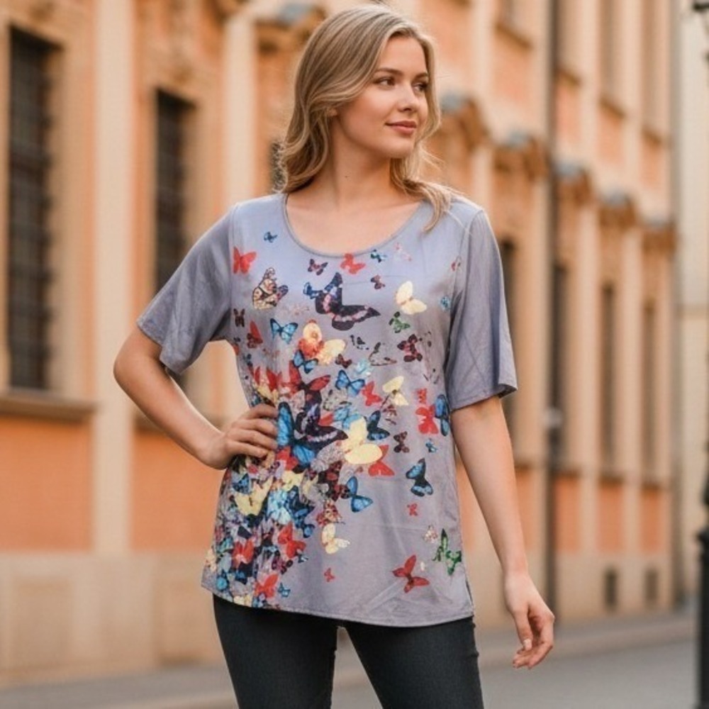 Misslook L Womens Butterfly Garden Print Short Sleeve‎ Top Gray Multi Color - Picture 2 of 9